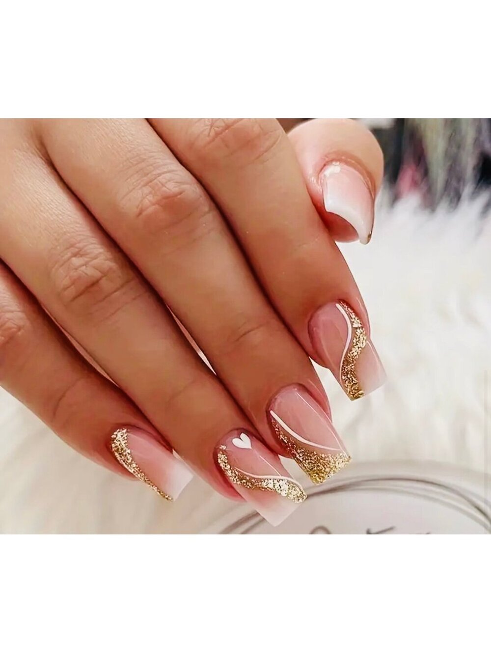 New - 24pcs Nude/White/Golden Square Design Reusable Press-On Nails